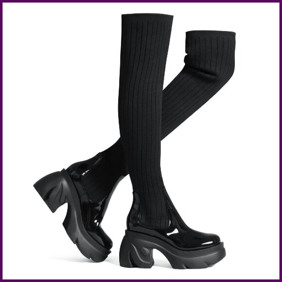 Platform Heeled Over the Knee Boots Stretch Knit Women's Size 6 or 8.5